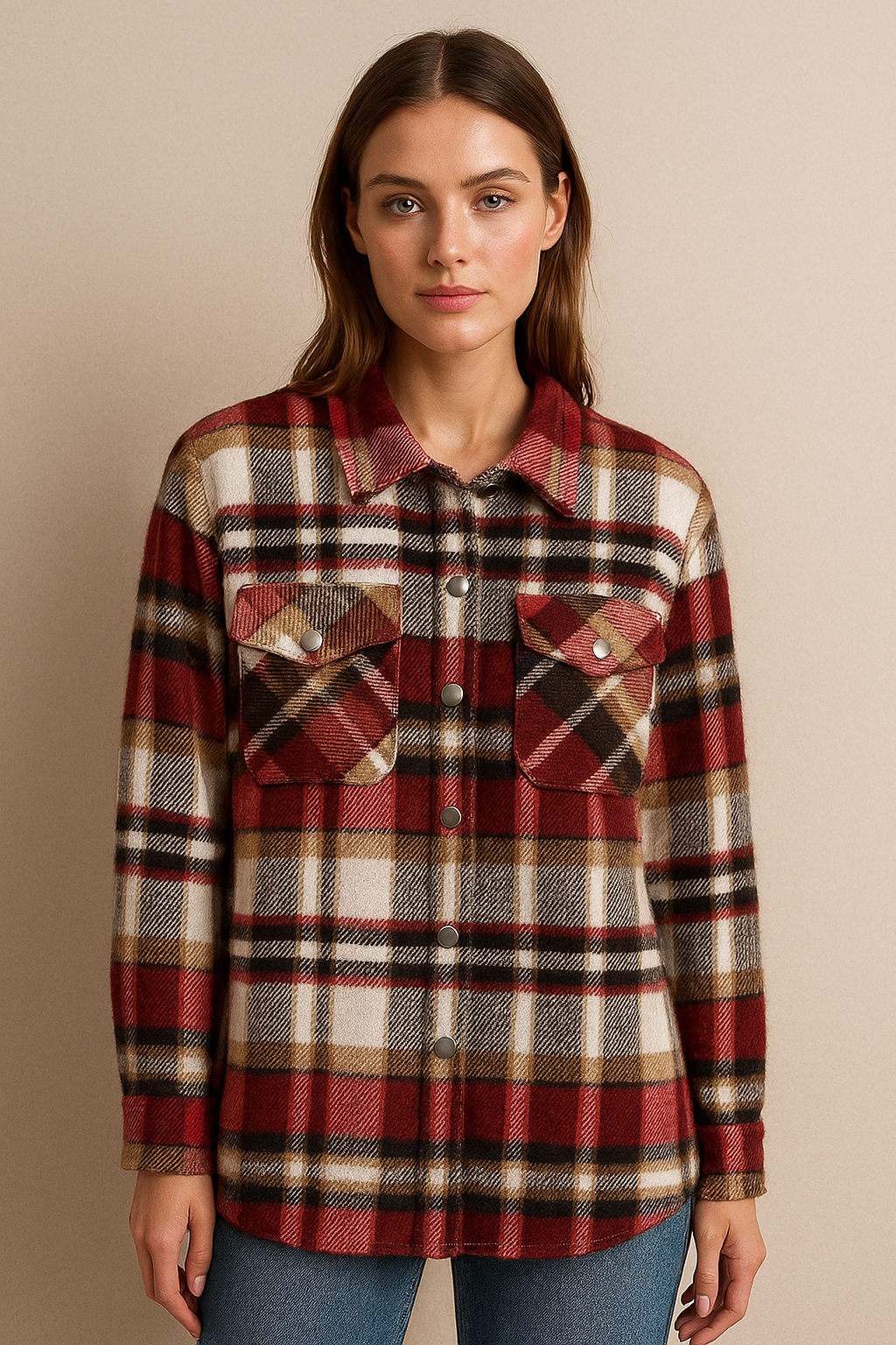 Women’s Plaid Flannel Shirt Jacket – Red, Brown & White Check