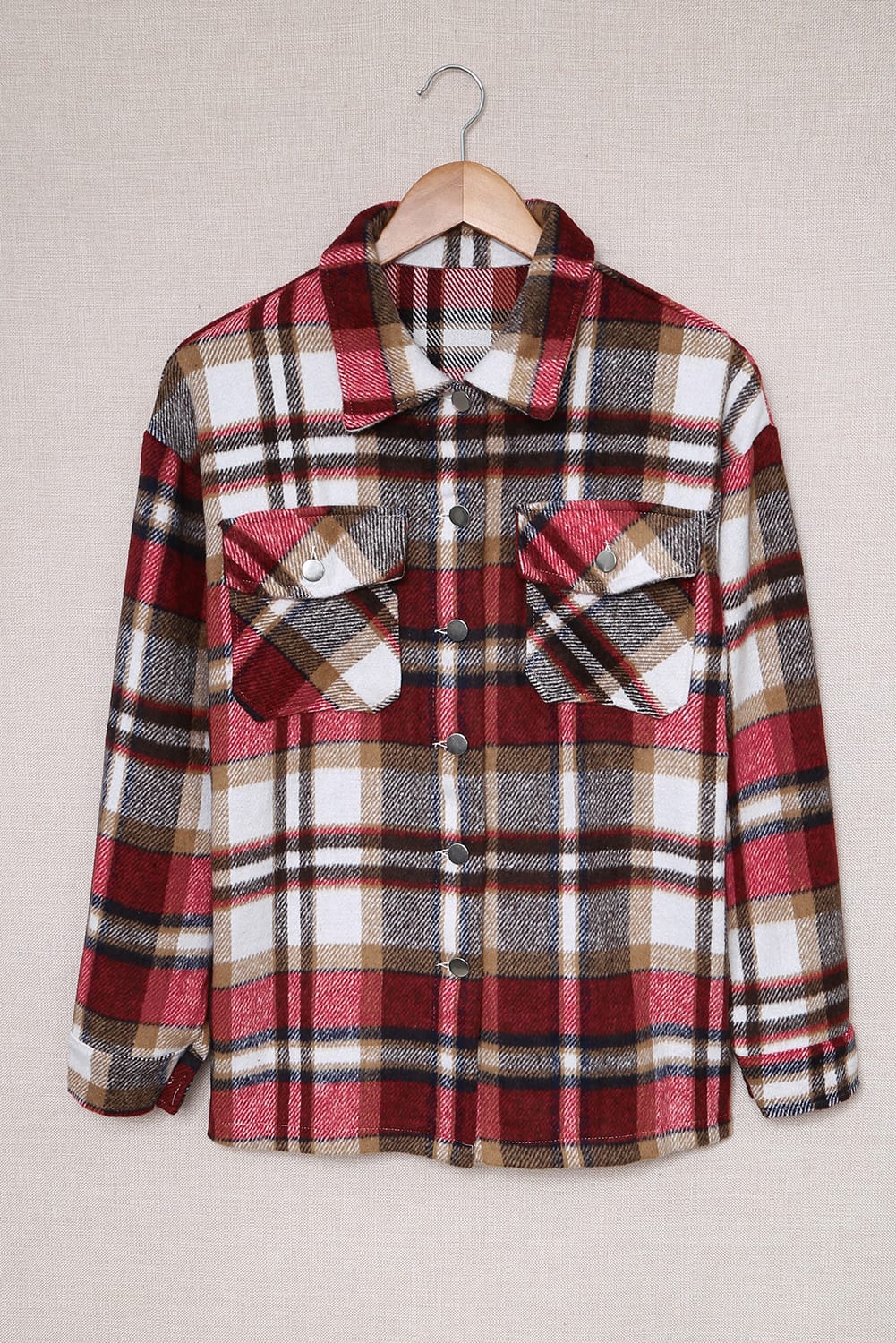 Women’s Plaid Flannel Shirt Jacket – Red, Brown & White Check