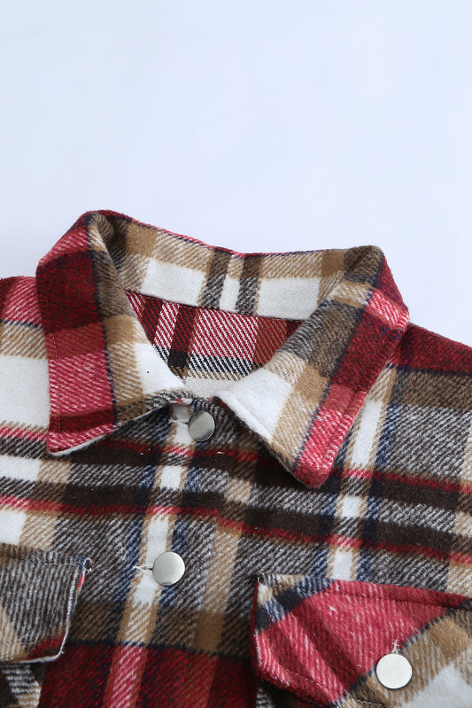 Women’s Plaid Flannel Shirt Jacket – Red, Brown & White Check