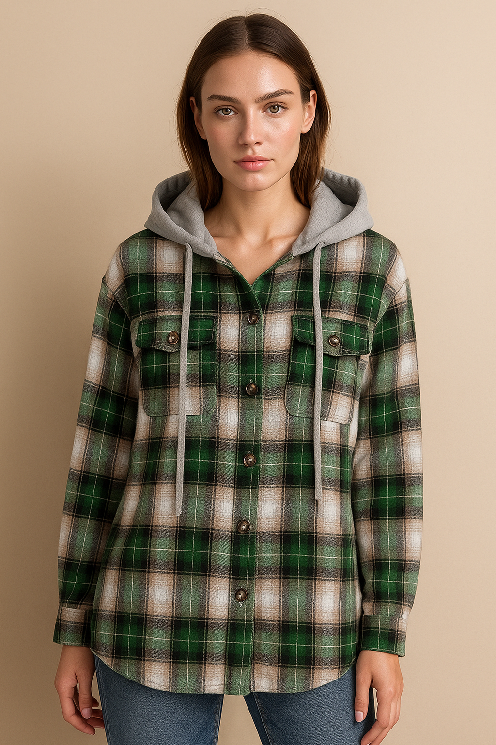Signature Women’s Flannel Shirt Jacket with Hood – Green Luxe Edition