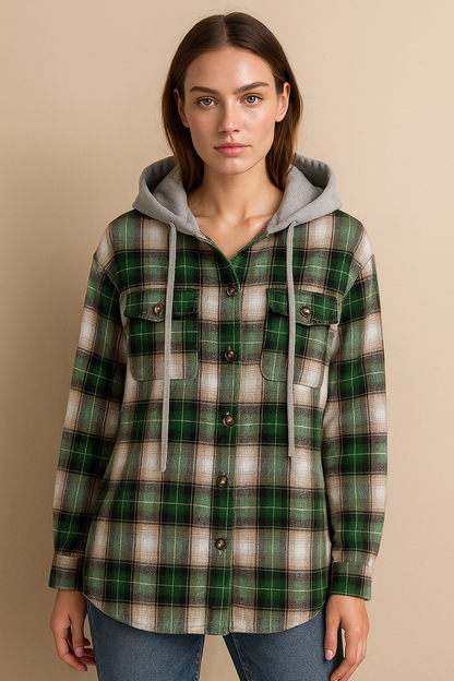 Signature Women’s Flannel Shirt Jacket with Hood – Green Luxe Edition