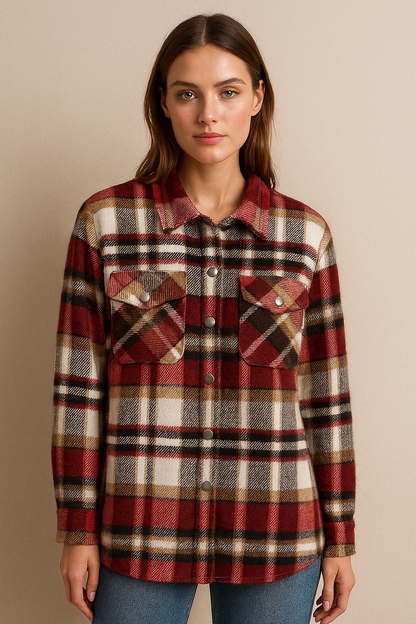 Women’s Plaid Flannel Shirt Jacket – Red, Brown & White Check