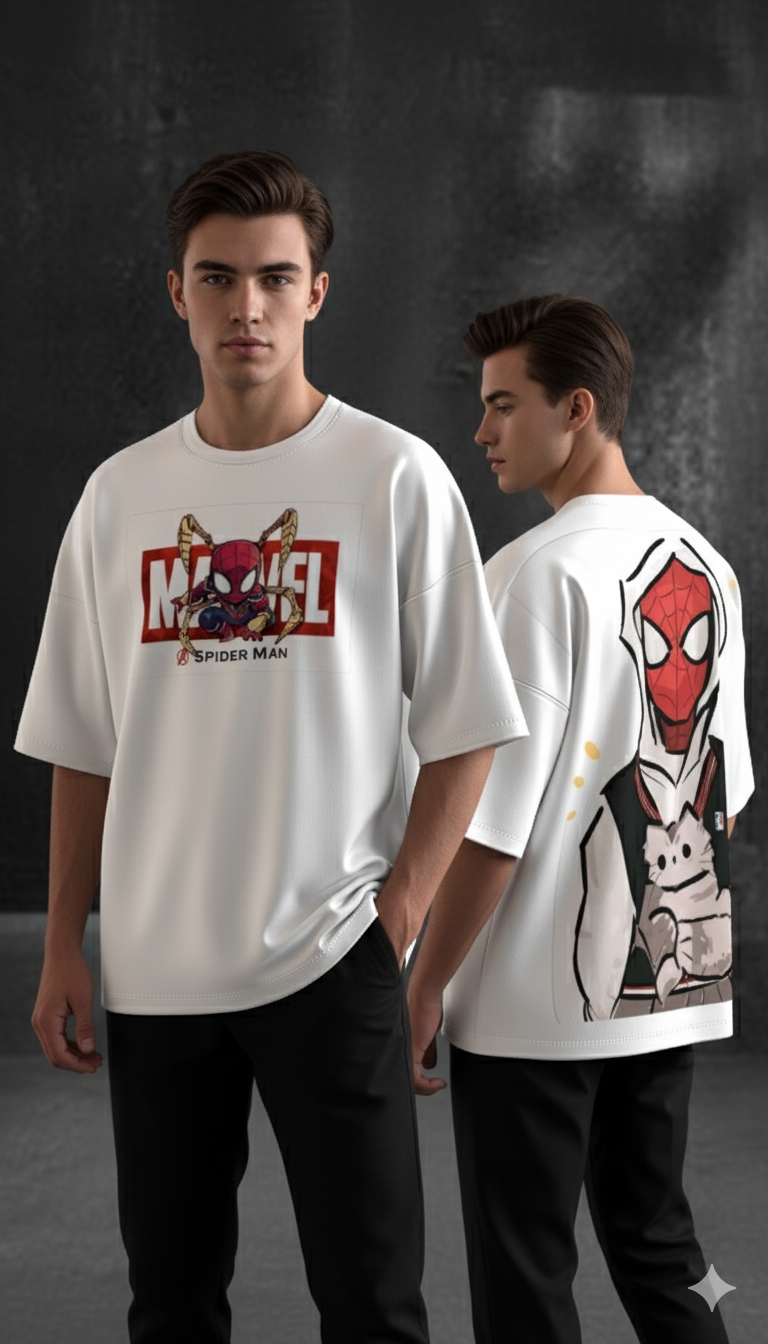 Two people wearing Spider-Man t-shirts with different designs on a dark background