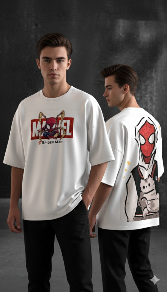 Two people wearing Spider-Man t-shirts with different designs on a dark background