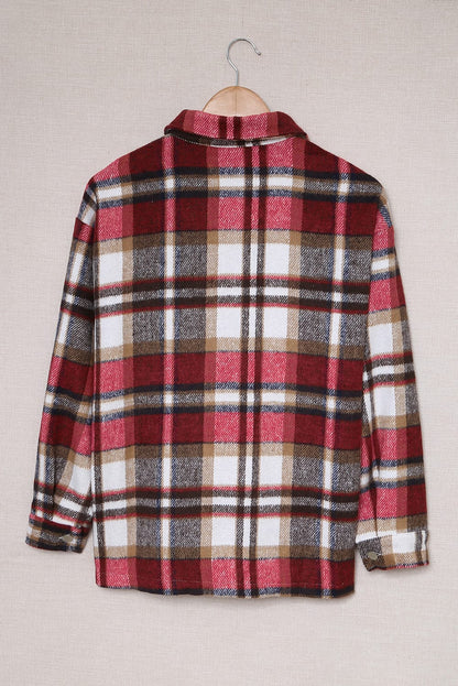 Women’s Plaid Flannel Shirt Jacket – Red, Brown & White Check