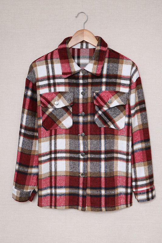 Women’s Plaid Flannel Shirt Jacket – Red, Brown & White Check